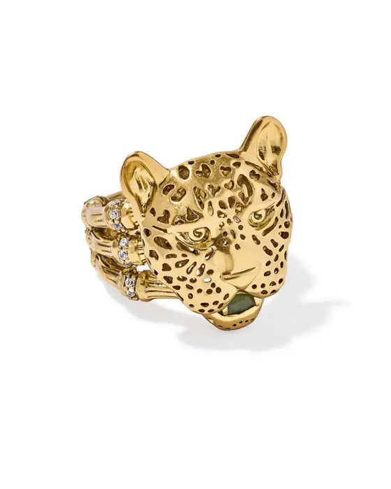 MAURA VINTAGE GOLD JAGUAR STATEMENT RING in sage serpentine