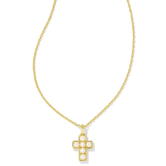 PEARL GOLD CROSS PENDANT NECKLACE in gold white pearl