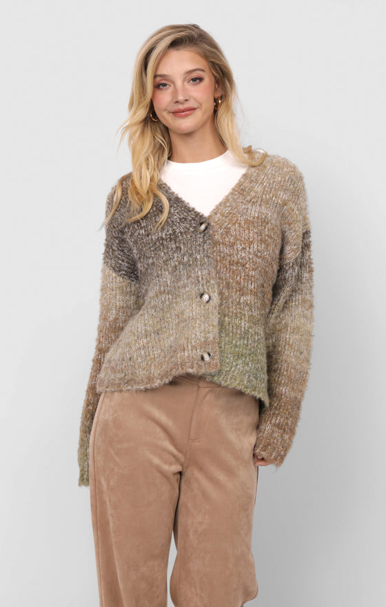 SMILEY OMBRE FUZZY KNIT CARDIGAN