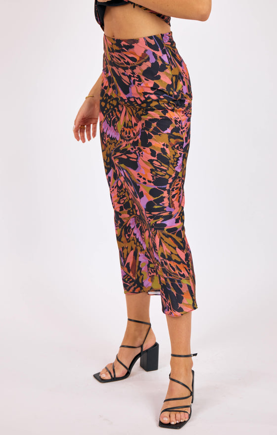 BUTTERFLY KISS BIAS MIDI SKIRT