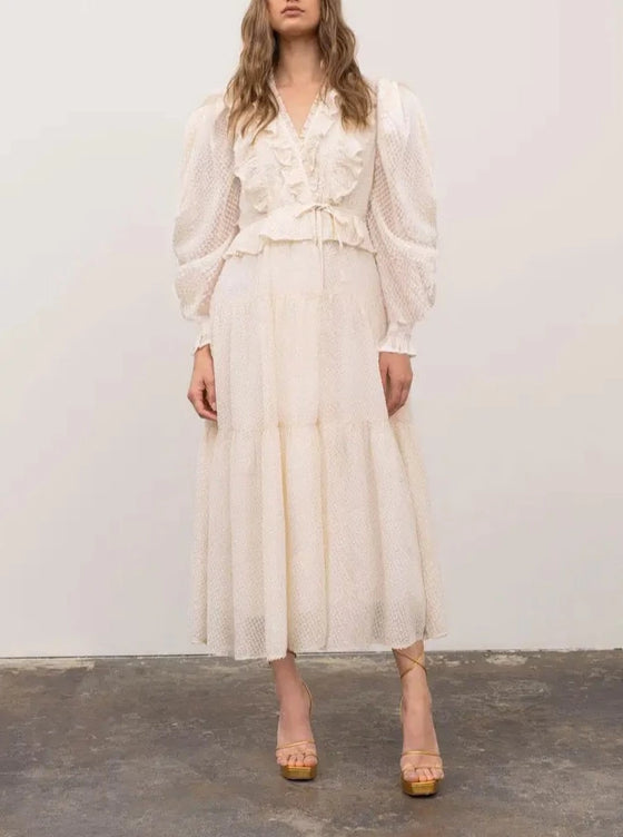 SURPLICE CREAM RUFFLE MIDI DRESS