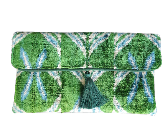Silk Velvet Ikat Clutch - Green Palm